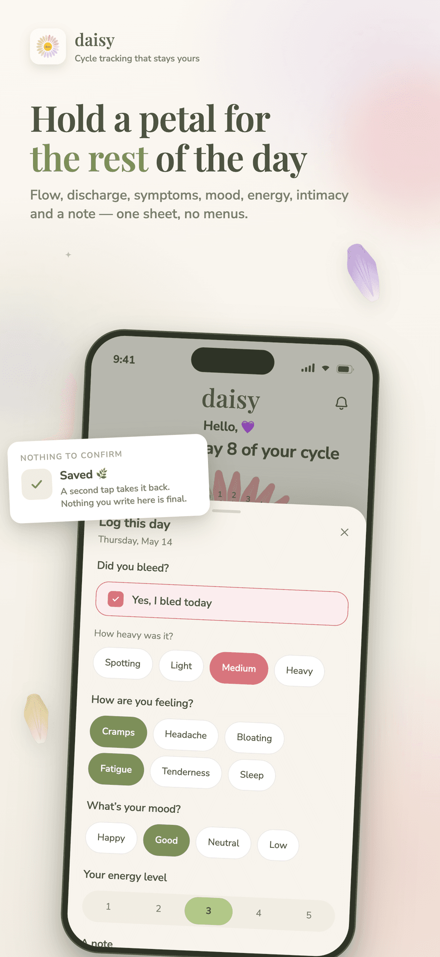 Daisy day sheet with flow, discharge, symptoms, mood, energy, intimacy and a private note on one screen