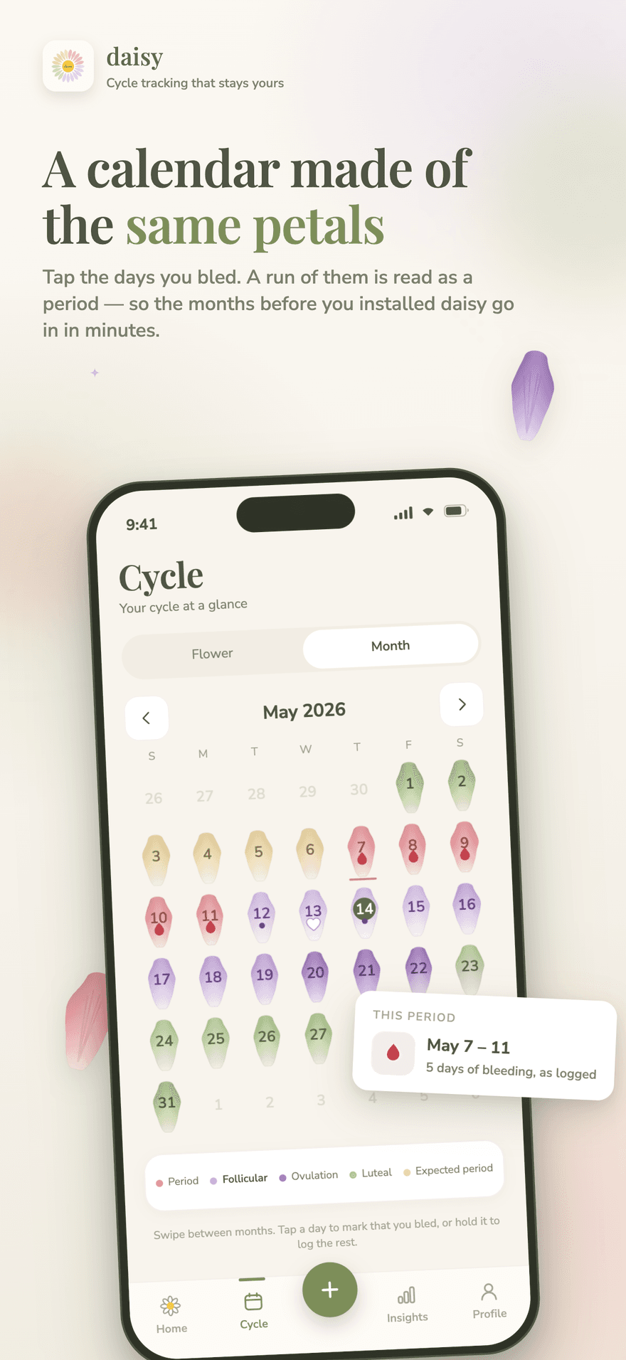 Daisy month view built from the same petals, used to enter cycles from before the app was installed