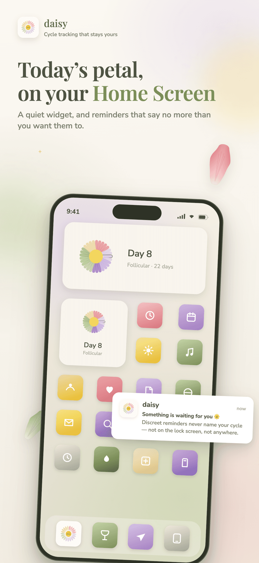 Daisy Home Screen widget showing today's petal, next to a discreet lock-screen reminder